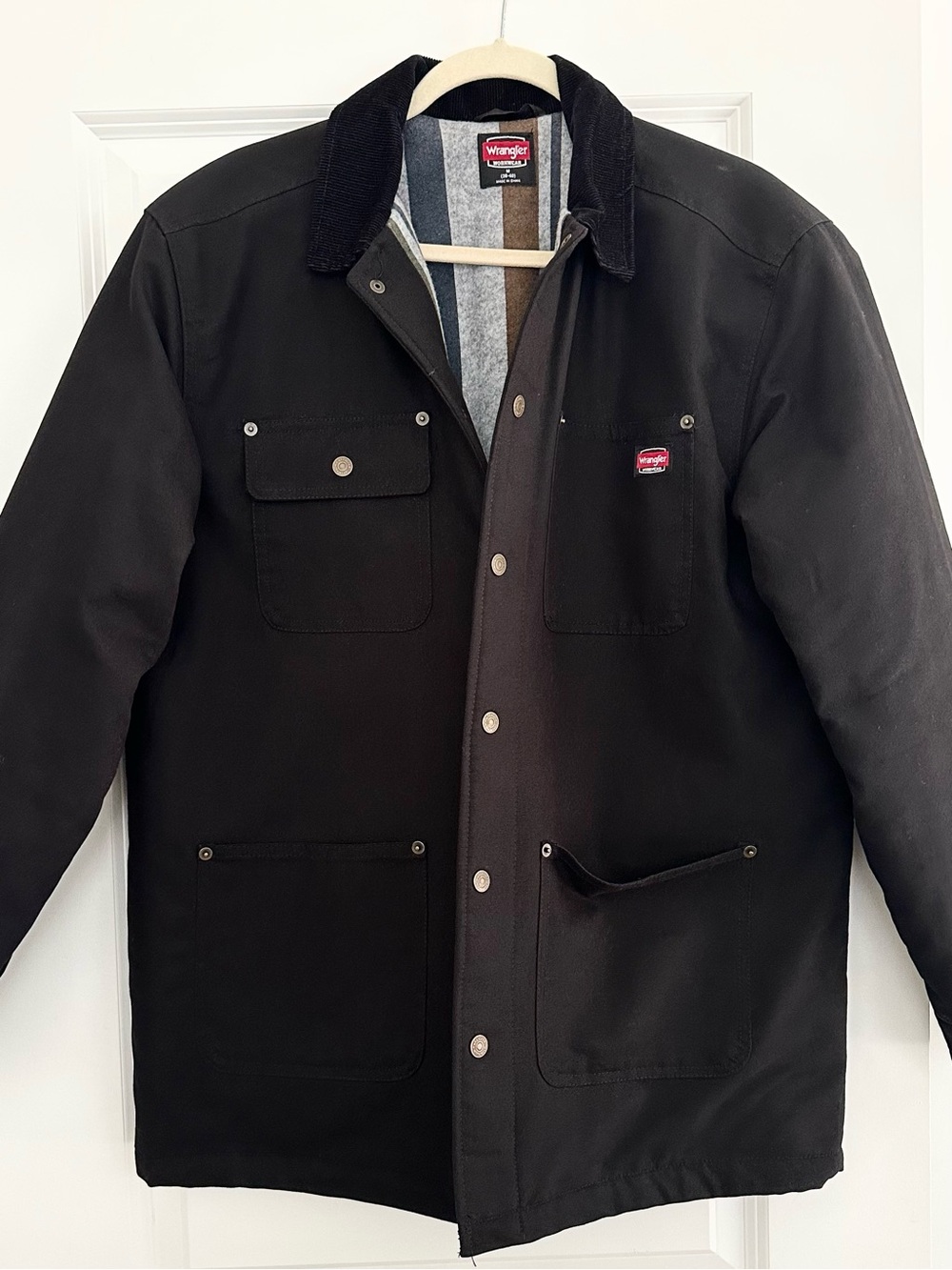 Wrangler Black Workwear Canvas Barn Chore Jacket - Corduroy Collar Blanket Lined